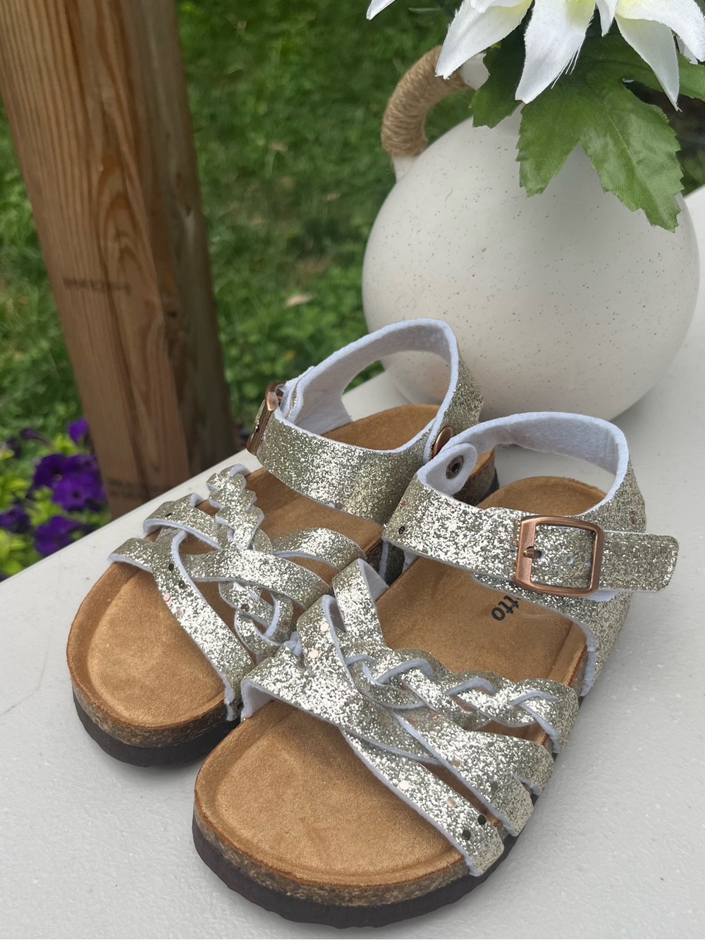 Girls' Sparkle Braided Sandals in Silver with Adjustable Buckle